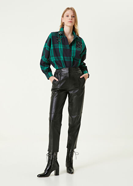 Siyah Nervürlü Deri Pantolon