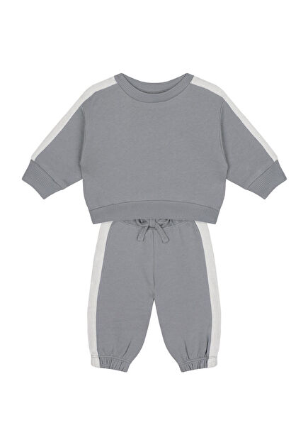 Gri  Beyaz Kontrastlı Sweatshirt ve Pantolon Erkek Bebek 2'li Set