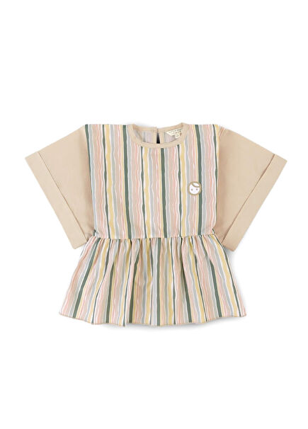Green Striped Patterned Organic Cotton Kimono Sleeve Girls' Blouse