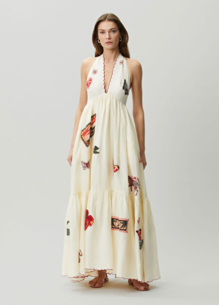 Cream Embroidered Maxi Linen Beach Dress