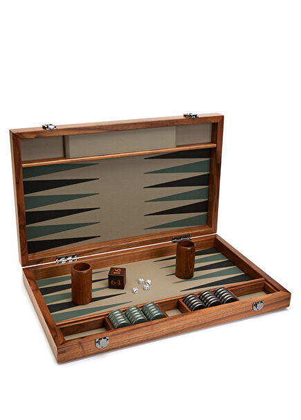 Haki Deri Garnili Ahşap Tavla