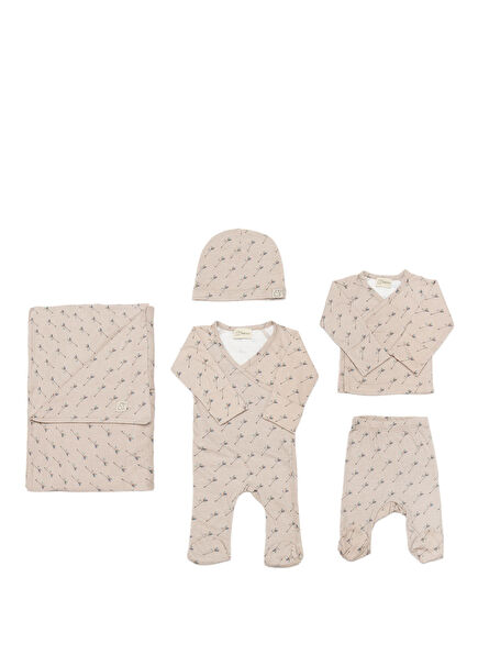 Newborn Patterned Brown Organic Cotton Hospital Discharge 5-Piece Set