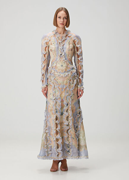 Rebellion Scallop Blue Maxi Linen Evening Dress