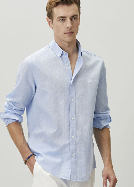 Comfort Fit Açık Mavi Keten Gömlek