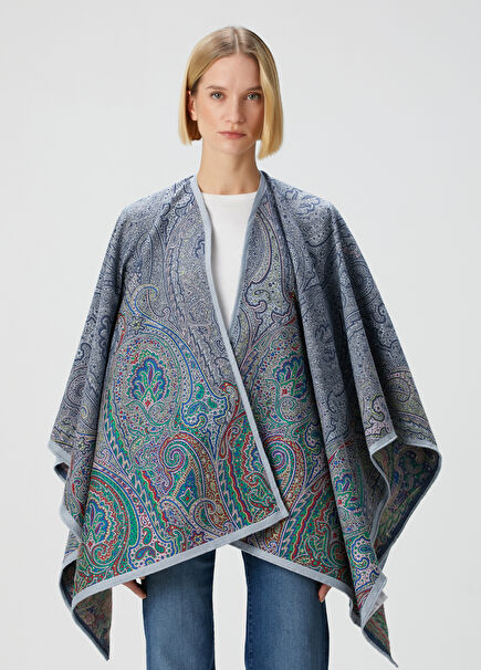 Blue Paisley Patterned Wool Cape