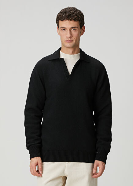 Siyah Polo Yaka Yün Triko