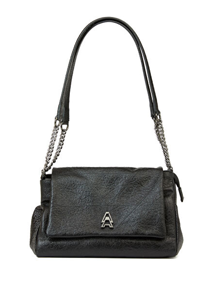 Black Metallic Crinkle Textured Womens Leather Bag