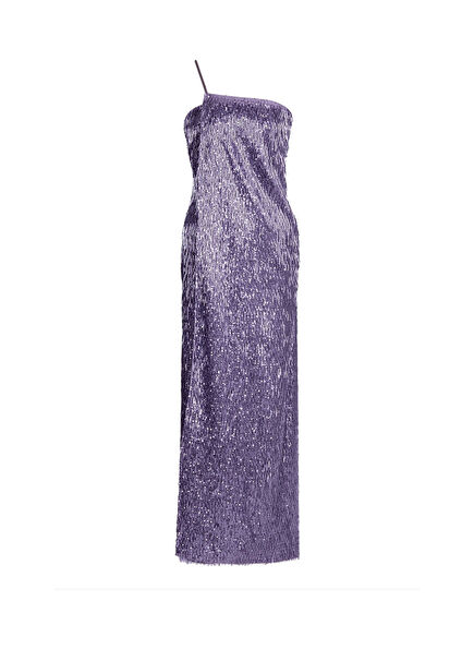 Lilac Pipe Bead Detailed Women's Long Evening Dress with One Shoulder Strap