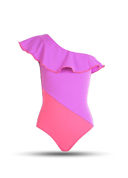 Colorful Ruffled One Shoulder Girls' Swimsuit