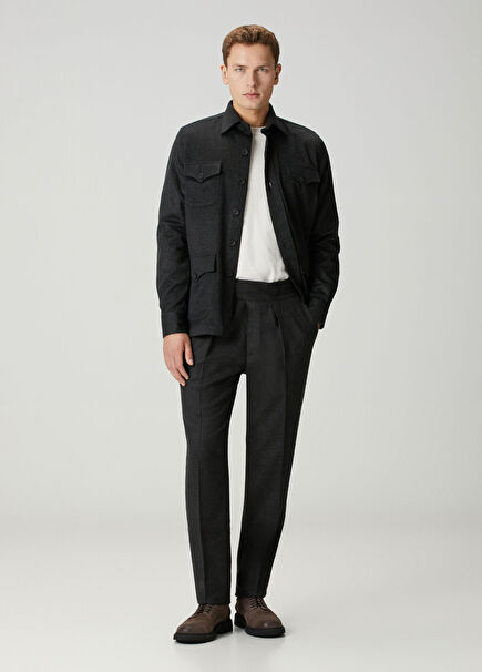 Koyu Gri Çift Pilili Yün Pantolon