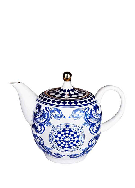 Aurora Fine Porcelain Blue and White Baroque Patterned Teapot 800 ml