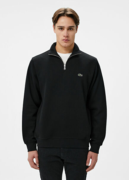 Siyah Yarım Fermuarlı Classic Fit Erkek Sweatshirt