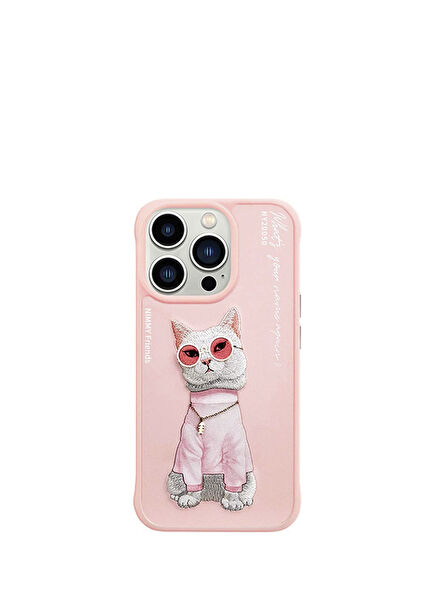iPhone 15 Pro Max Compatible 3D Glasses Chain White Cat Embroidery Embossed Cool Glasses Phone Case