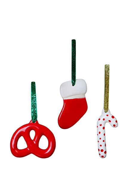 Red Ceramic Pretzel with Spotted Cane and Socks 3-piece set Christmas Tree Ornament