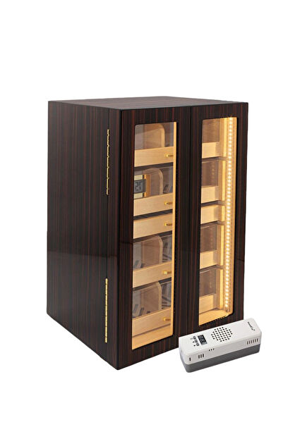 Humidor Abanoz 200's Elektronik Nemlendiricili Camlı 4 Çekmeceli Işıklı Puro Kutusu