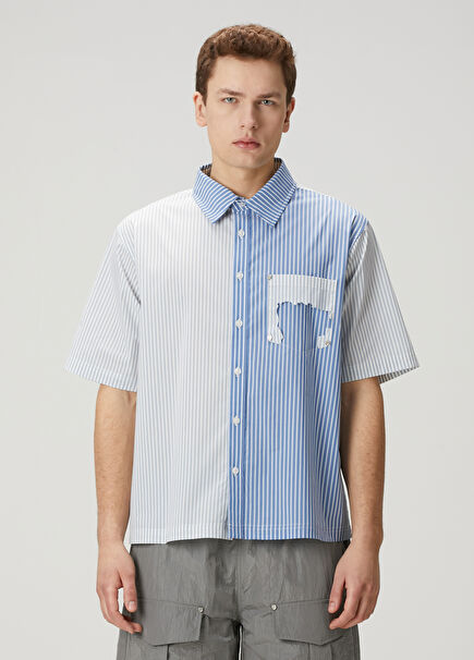 Blue White Stripe Patterned Short Sleeve Shirt