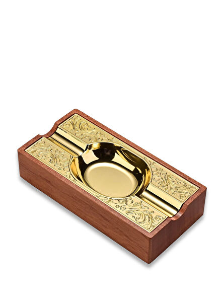 Damascus Gold Detailed Two-Slot Wooden Cigar Ashtray