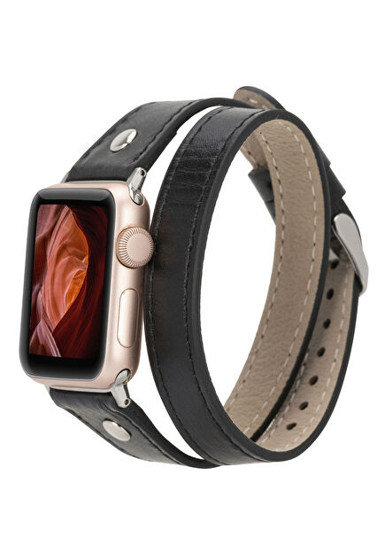 BloomBand Silver Buckle Double Tour Onyx Black Leather 44/45/46/49mm Women's Smart Watch Band