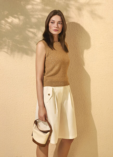 Beige Sequined Knit Tank Top