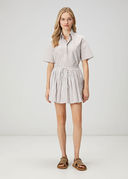 Kahve Beyaz Çizgili Taşlı Mini Etek