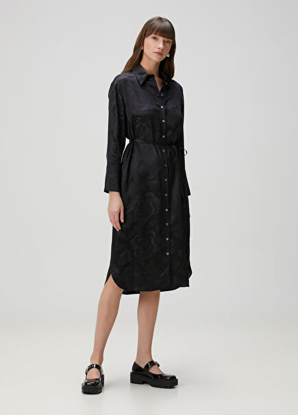 Peonies Black Midi Silk Shirt Dress