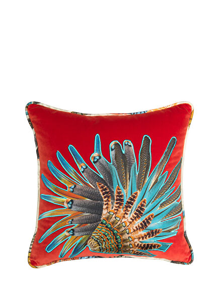 Applique and Cord Detailed Red Velvet Pillow 45x45 cm