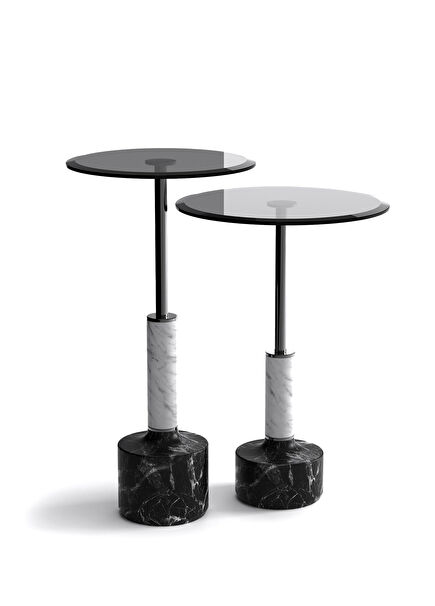 Lope Füme Cam Tablalı Mermer Ayaklı 2'li Yan Sehpa Seti