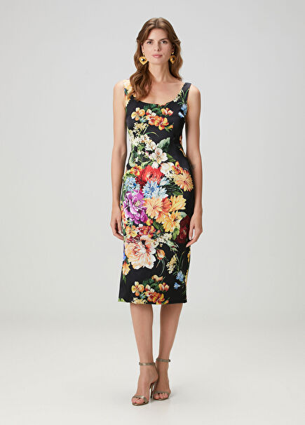 Siyah Çiçekli Midi Saten Elbise