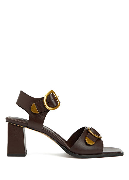 Brown Amorphous Buckles Heeled Leather Sandals