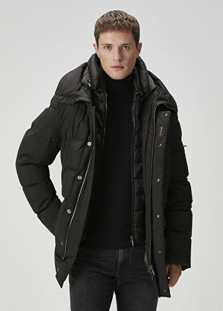 Siyah Kapüşonlu İç Yaka Detaylı Puff Kaban