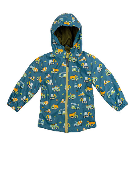 Renkli  İnşaat Makineleri Desenli Kapüşonlu Erkek Çocuk Yağmurluk