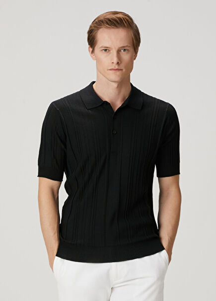 Jaxen Siyah Polo Yaka Kısa Kollu Yün Triko