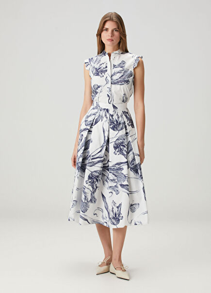 Blue White Floral Midi Skirt