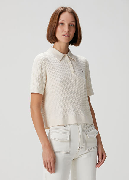 Ecru Cable Knit Polo Sweater