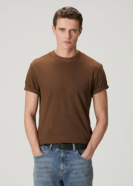 Açık Kahverengi Relax Fit Pamuk Keten Pike T-shirt