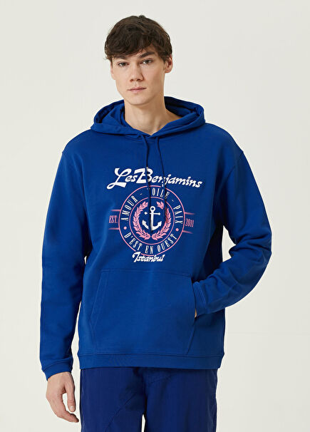 Mavi Kapüşonlu Logolu Organik Pamuk Sweatshirt