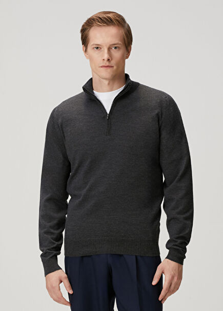 Tapton Dark Grey Neckline Zipper Wool Sweater