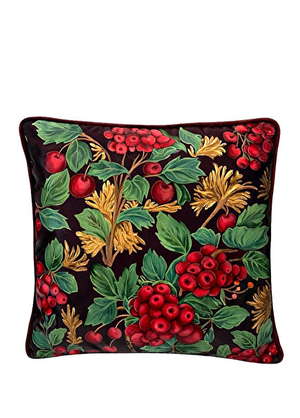 Golden Baroque Berries Desenli Bordo Kadife Kırlent 45 x 45 cm