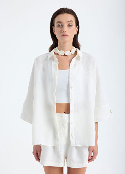 Dora Beyaz Keten Oversize Kadın Gömlek
