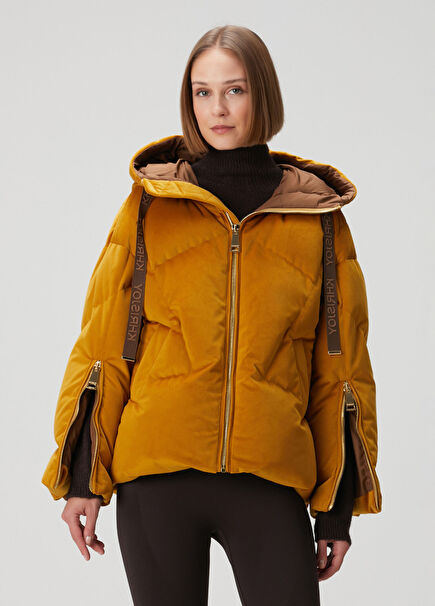 Iconic Milano Oversized Taba Kapüşonlu Kadife Mont