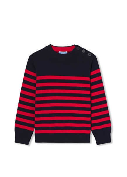 Lacivert Kırmızı Çizgili Yumuşak Örgü Erkek Çocuk Denizci Kazak