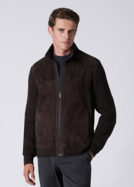 Dark Brown Knit Insert Suede Jacket