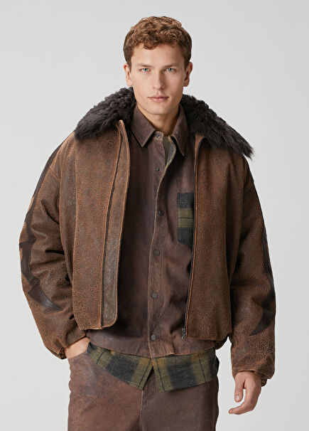 Kahverengi Patch Detaylı Deri Ceket