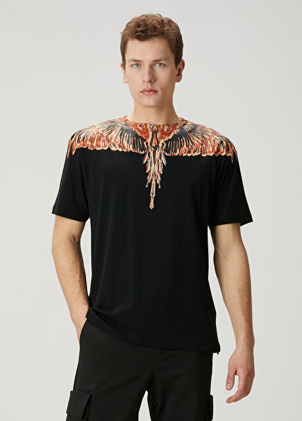 Orange Black Collared Wing Printed T-Shirt