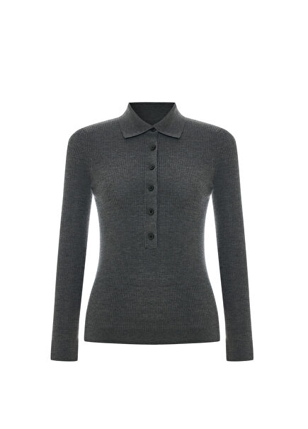 Grey Mélange Waverly Polo Yaka Uzun Kollu Kadın Triko