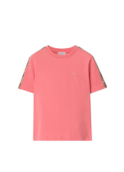 Check Trim Cotton Pembe Kısa Kollu Unisex Çocuk T-Shirt