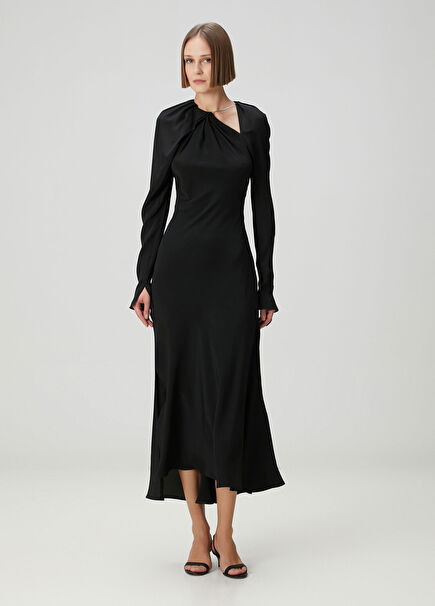 Black Collar Accessories Midi Silk Evening Dress