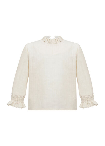 Boffle Cream Collar Detailed Ruffle Cuffed Long Sleeve Baby Girl Blouse
