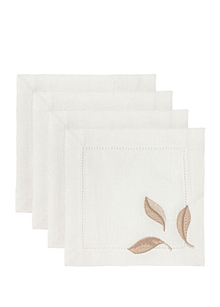 Yaprak Model Nakışlı Kırık Beyaz Keten 4'lü Kokteyl Peçetesi Seti