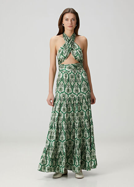 Nina Green Patterned Maxi Silk Dress